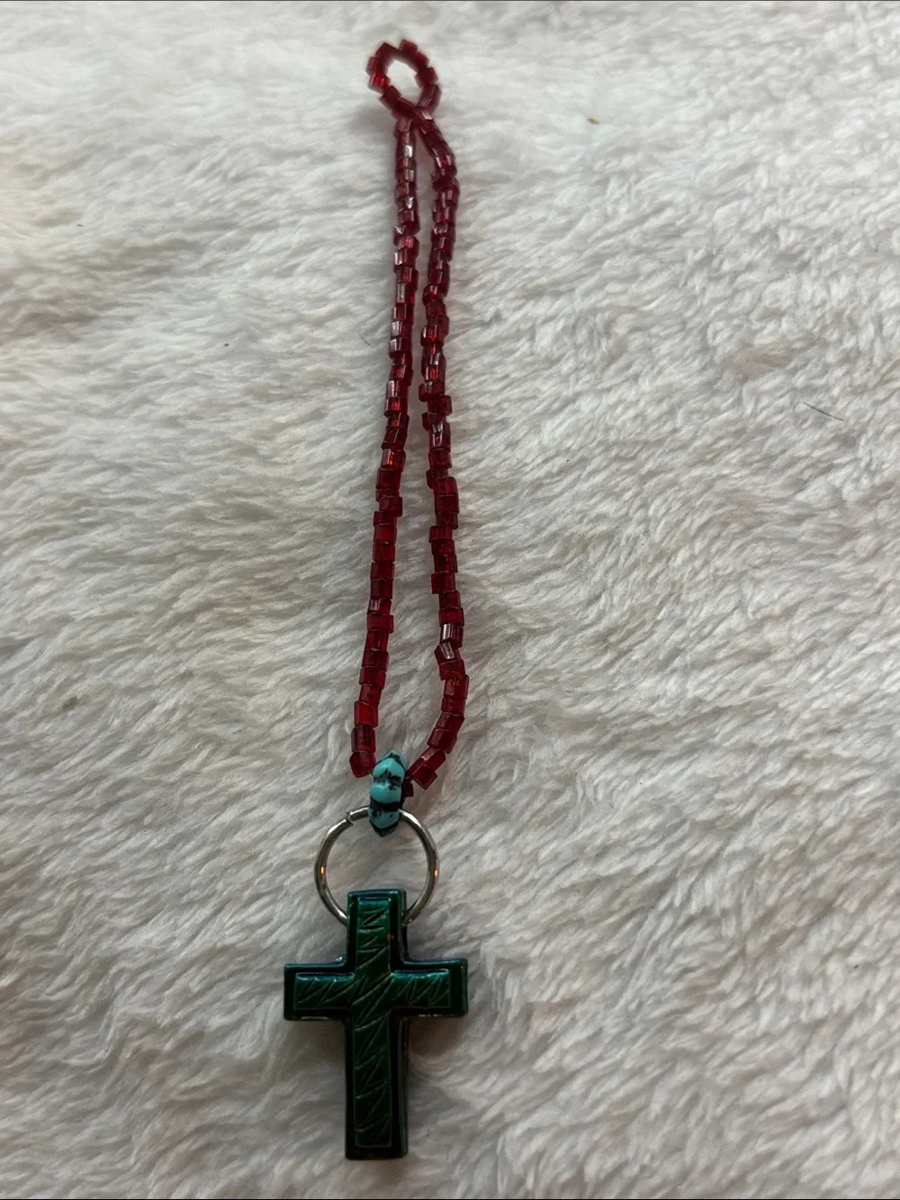 Handmade Red Beaded Necklace with Green Cross Pendant